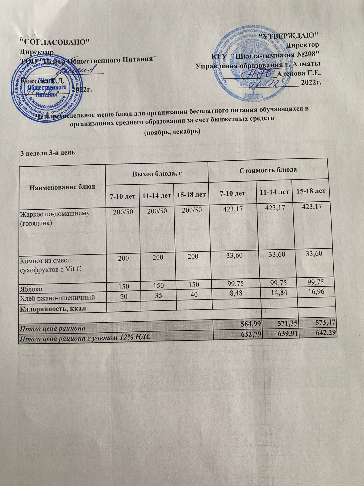 21.12.2022ж Асхана мәзірі