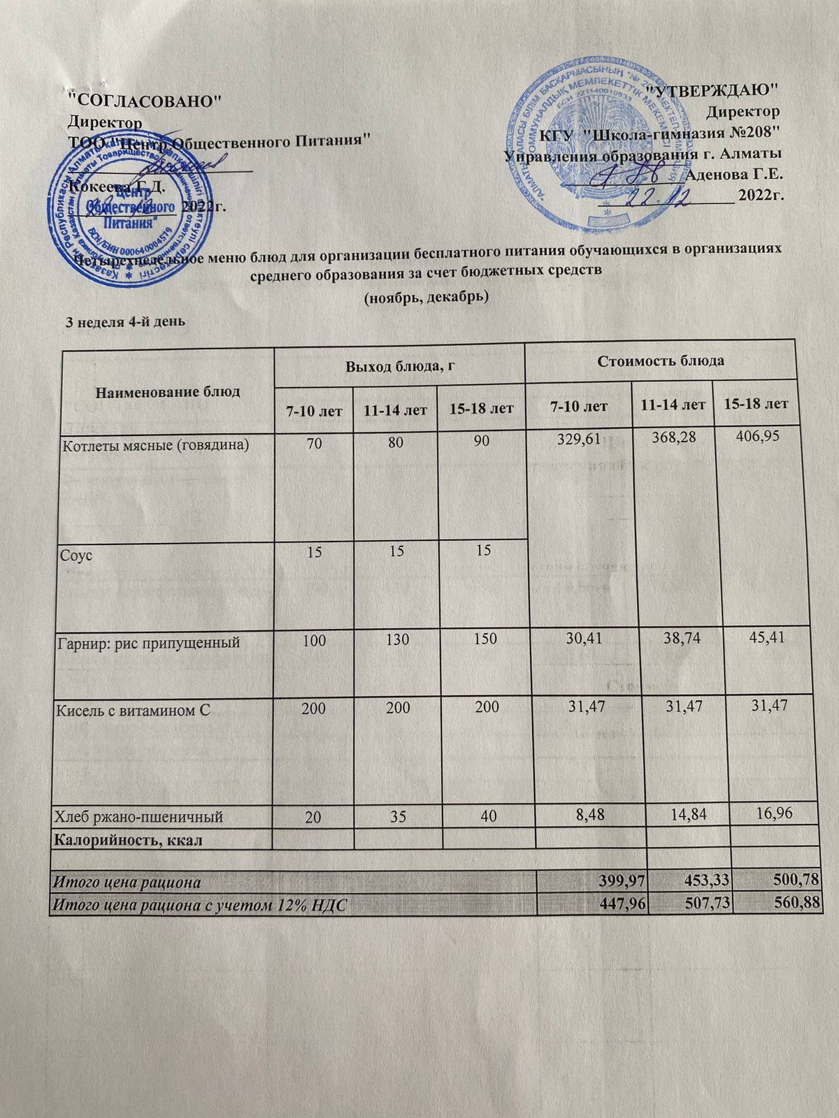 22.12.2022ж Асхана мәзірі
