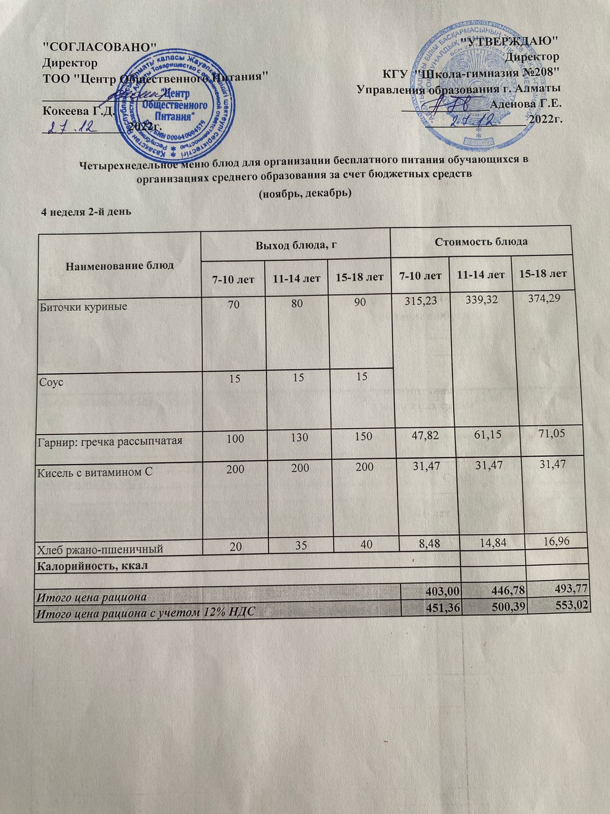 27.12.2022ж Асхана мәзірі