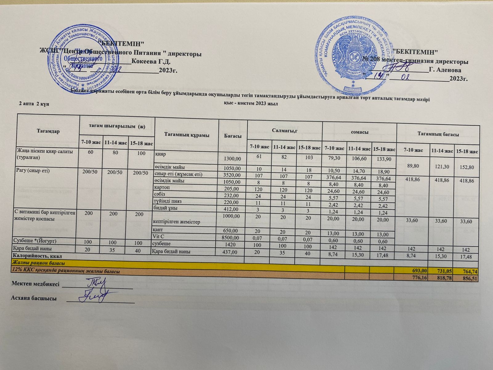 14.02.2023ж Асхана мәзірі
