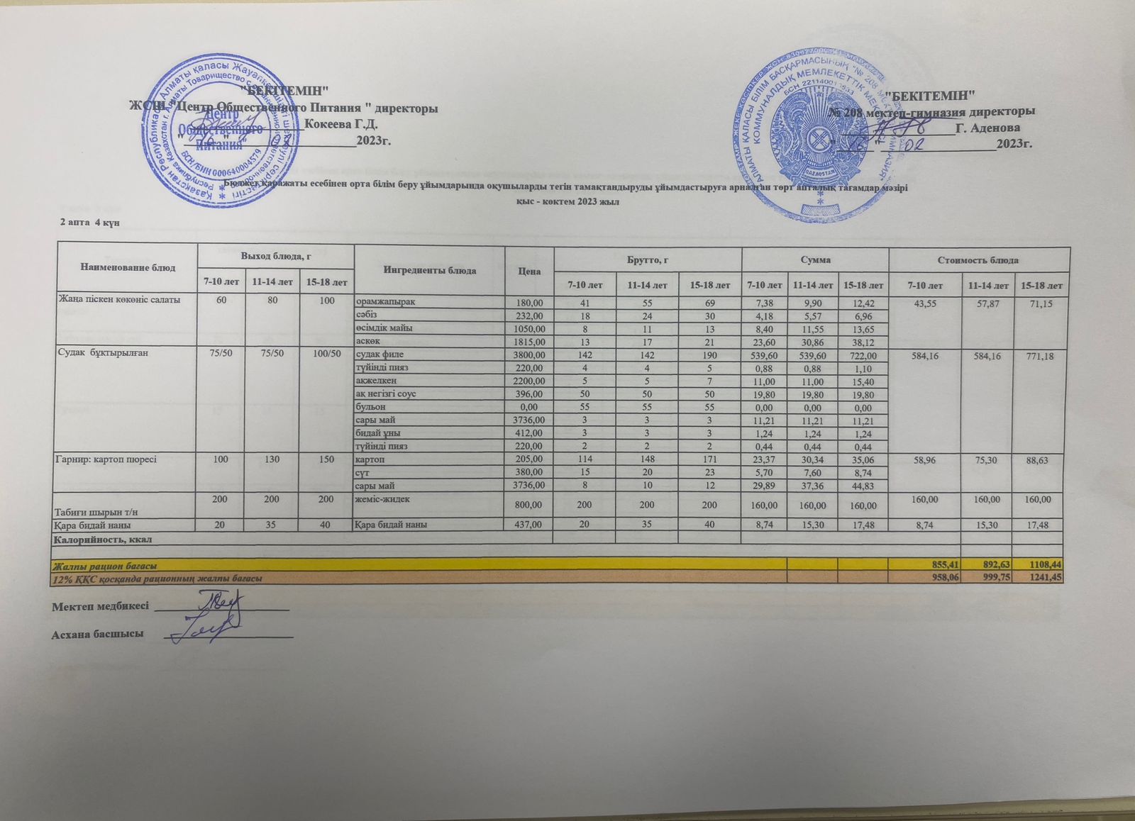 16.02.2023ж Асхана мәзірі