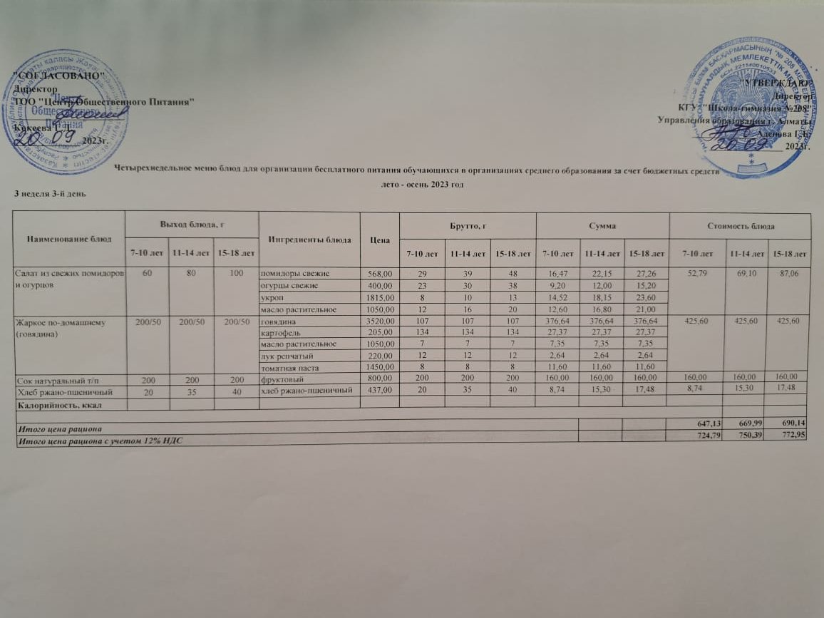 20.09.2023ж Асхана мәзірі