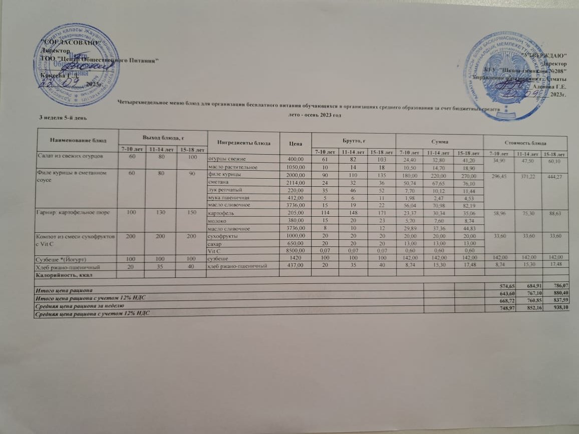 22.09.2023ж Асхана мәзірі