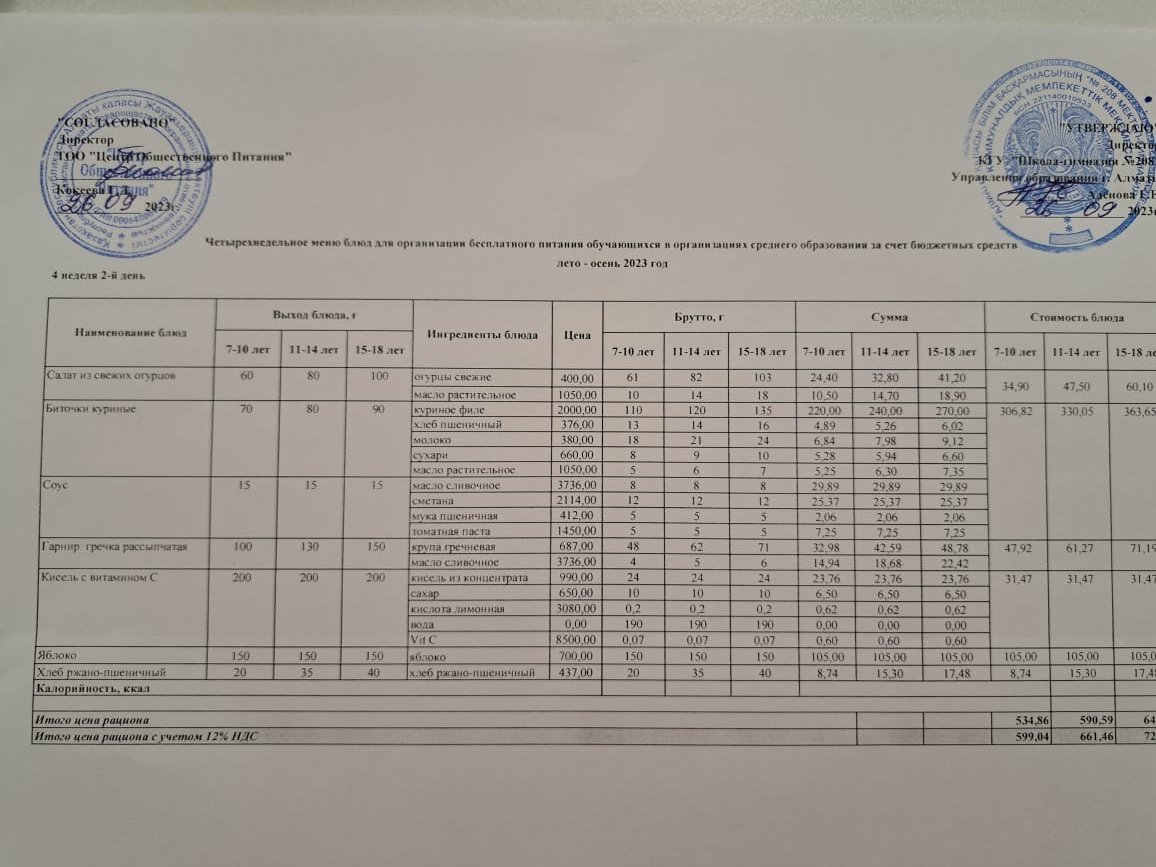 26.09.2023ж Асхана мәзірі