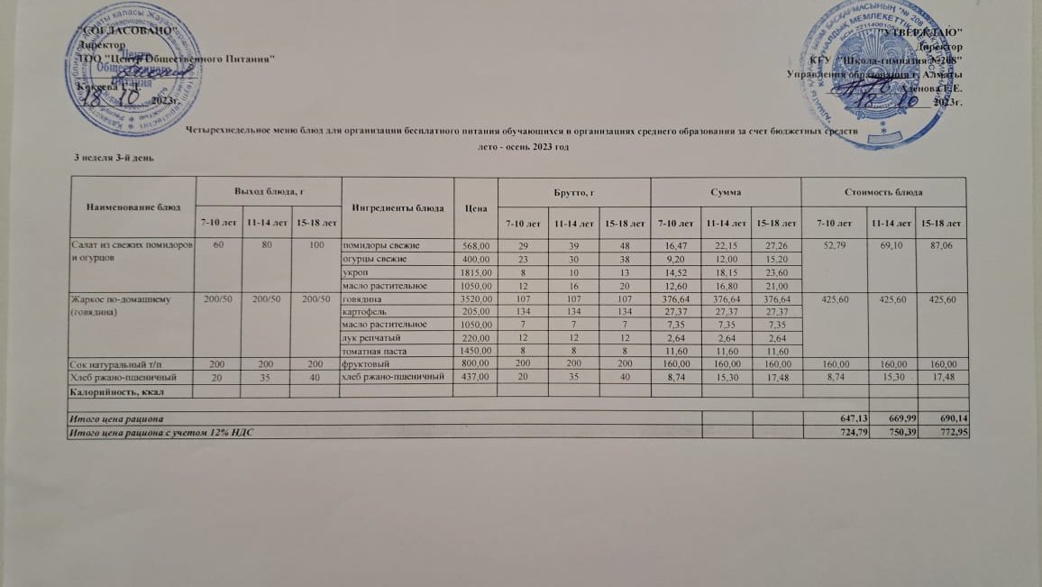 18.10.2023ж Асхана мәзірі